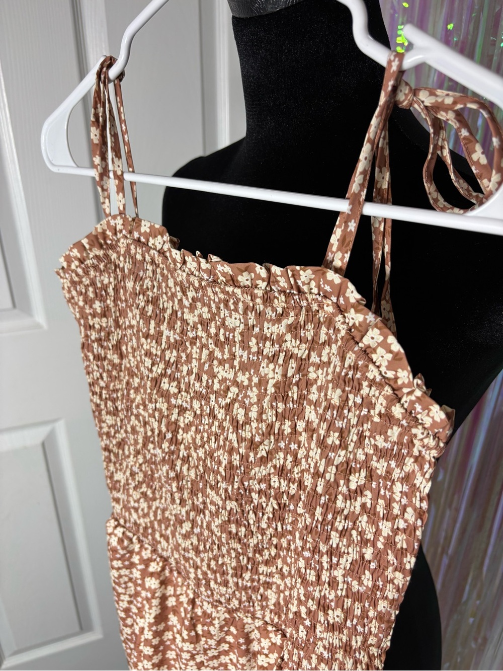 Smocked Bodice Floral Jumpsuit in Khaki/ Orange- Ruffle Wide Leg Adj Thin Straps - Picture 9 of 12